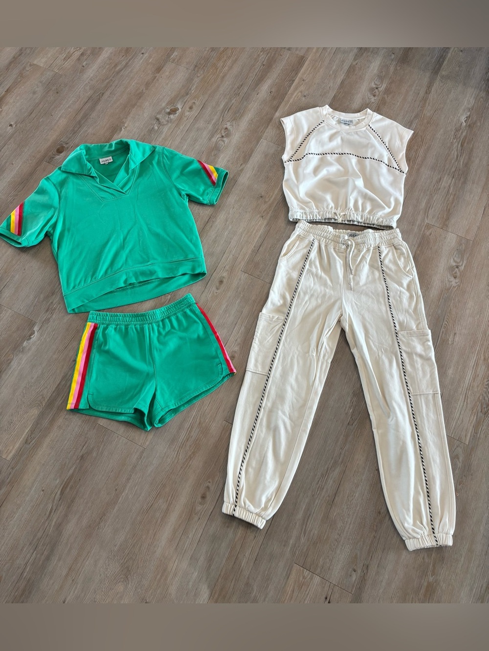 Green Rainbow-Trim Lounge Set & White Cropped Jogger Set